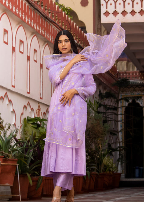 <img> Light Purple Cotton Silk Anarkali Set With Aari Woven Dupatta