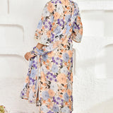 Peach Chanderi Kurta Set With Floral Prints