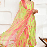 Light Green Chanderi Kurta Set With Shibori Printed