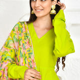 Lime Green Cotton Anarkali Set With Printed Dupatta