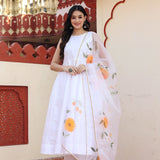 White Taffeta Silk Suit Set With Orange Floral Prints