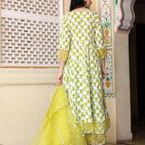 White And Green Cotton Anarkali Set With Handblock Prints