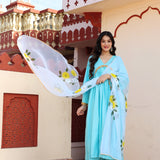 Blue Cotton Anarkali Set With Hand Painted Design