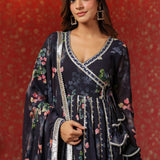 Dark Navy Blue Georgette Floral Printed Anarkali Set