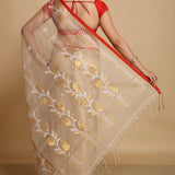 Beige Semi Resham Saree With Red Edge