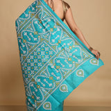 Verdigris Blue Pure Bangalore Silk Saree With Gujarati Craft