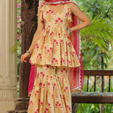 Cream Cotton Floral Printed Gharara Set