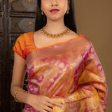 Golden Pink Floral Kanjivaram Silk Saree