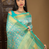 Turquoise Blue Floral Kanjivaram Silk Saree
