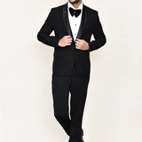 Black Jacquard Three Piece Suit Set With Bow