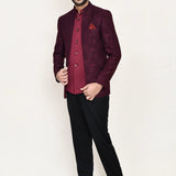 Maroon Jacquard Three Piece Suit Set