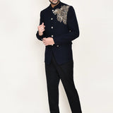 Dark Navy Blue Terry Rayon Prince Coat With Pant