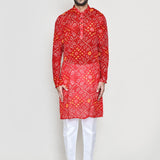 Red Georgette Kurta Set With Chundari Print
