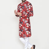 Red Rayon Kurta Set With Digital Printed