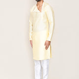 Soft Yellow Art Silk Kurta Set With Designer Neck