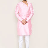 Soft Pink Art Silk Kurta Set With Designer Neck