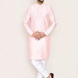Pastel Pink Jacquard Silk Kurta Set With Designer Neck