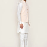Ivory Art Silk Kurta Set With Beige Jacket