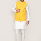 White Art Silk Kurta Set With Yellow Jacket
