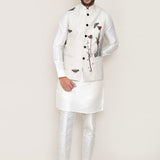 White Art Silk Kurta Set With White Cotton Jacket