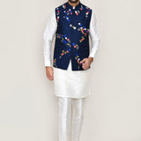 White Art Silk Kurta Set With Blue Cotton Jacket
