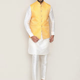 White Art Silk Kurta Set With Yellow Jacket
