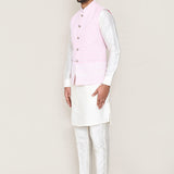 White Art Silk Kurta Set With Pink Cotton Jacket