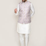 White Jacquard Kurta Set With Grey Jacket