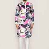 White Satin Silk Printed Kurta Set