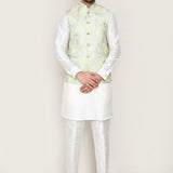 White Art Silk Kurta Set With Pista Green Jacket