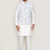 White Art Silk Kurta Set With Cotton Jacket