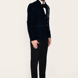 Dark Blue Velvet Suit Set With Bow