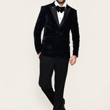 Dark Blue Velvet Three Piece Suit Set
