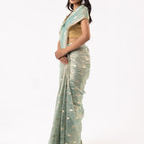 Greenish Gray Silk Tissue Saree With Fancy Border