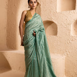 Pale Teal Chanderi Saree With Zari Stripes