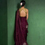 Wine Berry Silk Organza Saree With Embroidery Design