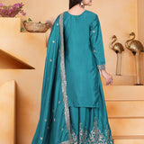 Teal Blue Embroidered Crepe Sharara Set