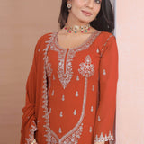 Dark Orange Floral Embroidered Georgette Sharara Set