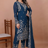 Dark Teal Blue Floral Embroidered Georgette Kurta Set