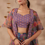 Bluish Grey Organza Floral Printed Indo-Western Co-Ord Set