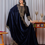 Navy Blue Velvet Embroidered Kurti Set