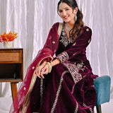 Wine Velvet Embroidered Sharara Set