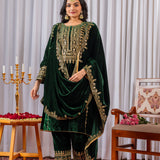 Dark Pine Green Velvet Embroidered Kurti Set