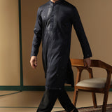 Black Silk Blend Embroidered Kurta