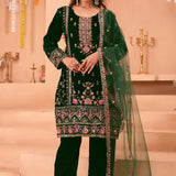 Dark Green Velvet Floral Embroidered Kurta Set