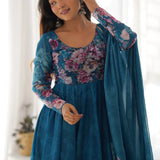 Aqua Blue Organza Floral Printed Anarkali Set