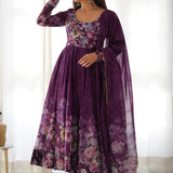 Pale Wine Organza Floral Printed Anarkali Set