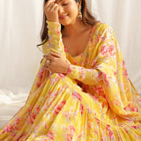 Bright Yellow Georgette Floral Printed Anarkali Set