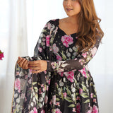 Matte Black Organza Floral Printed Anarkali Set