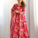 Brink Pink Organza Floral Printed Anarkali Set